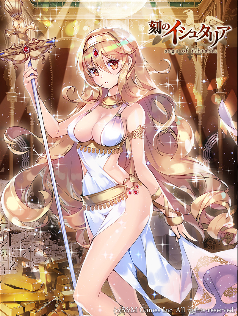 1girl age_of_ishtaria bilkis_(age_of_ishtaria) blonde_hair blue_n bracelet breasts center_opening cleavage company_name copyright_name curly_hair hairband jewelry long_hair official_art orange_eyes solo sparkle staff teeth thighs