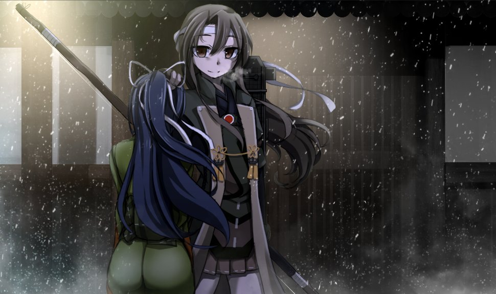 2girls ashmurata black_hair bow_(weapon) breastplate green_hair hair_down hair_ribbon hakama_skirt high_ponytail japanese_clothes kantai_collection katsuragi_(kantai_collection) long_hair multiple_girls muneate ponytail remodel_(kantai_collection) ribbon snowing weapon white_ribbon zuikaku_(kantai_collection)