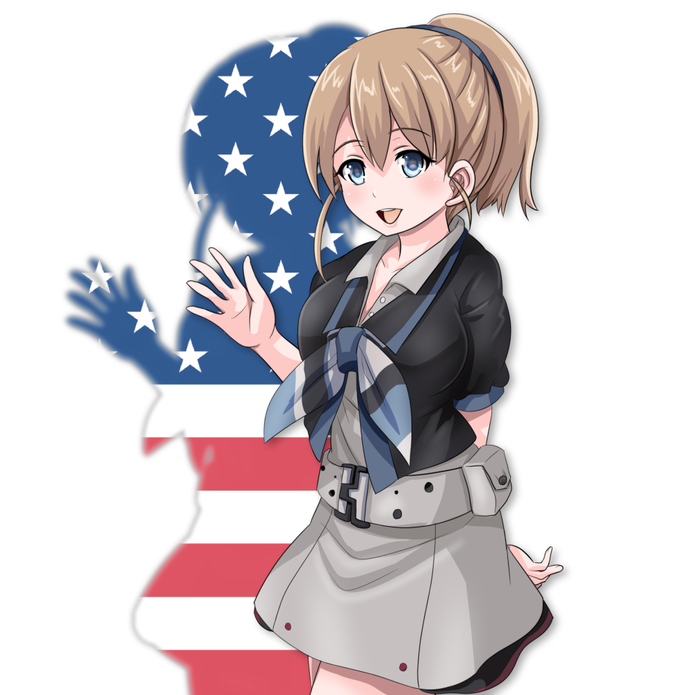 1girl american_flag american_flag_print bangs belt black_shirt blue_eyes brown_hair cowboy_shot flag_print grey_skirt intrepid_(kantai_collection) kantai_collection looking_at_viewer multicolored_neckwear neckerchief open_mouth ponytail shirt short_hair silhouette simple_background skirt smile solo standing tk8d32