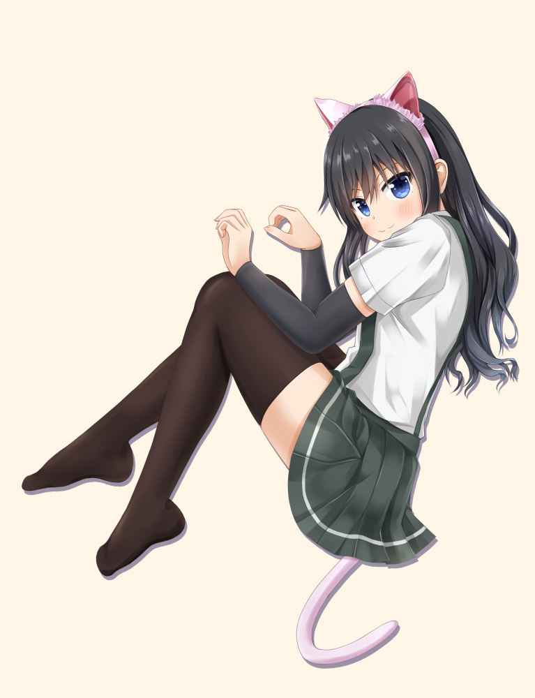 1girl animal_ears asashio_(kantai_collection) bangs black_hair blue_eyes blush brown_legwear cat_ears cat_tail closed_mouth comiching detached_sleeves eyebrows_visible_through_hair fake_animal_ears full_body green_skirt hairband kantai_collection knees_up long_hair looking_at_viewer no_shoes paw_pose pink_hairband pleated_skirt shiny shiny_hair shirt sitting skirt smile solo suspender_skirt suspenders tail thigh-highs white_shirt