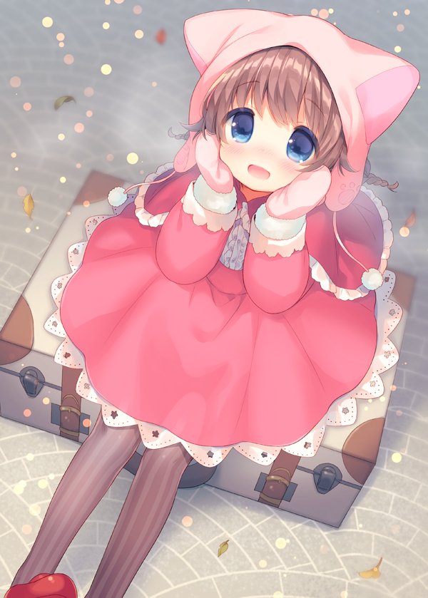 1girl animal_ears animal_hat blue_eyes blush braid brown_hair brown_legwear capelet cat_ears cat_hat center_frills dutch_angle frills from_above fur-trimmed_mittens hands_on_own_cheeks hands_on_own_face hat long_sleeves looking_at_viewer looking_up mary_janes mittens original pink_capelet pink_hat pink_mittens pink_skirt pom_pom_(clothes) red_footwear shirt shoes sitting skirt solo striped striped_legwear suitcase twin_braids usashiro_mani vertical-striped_legwear vertical_stripes white_shirt