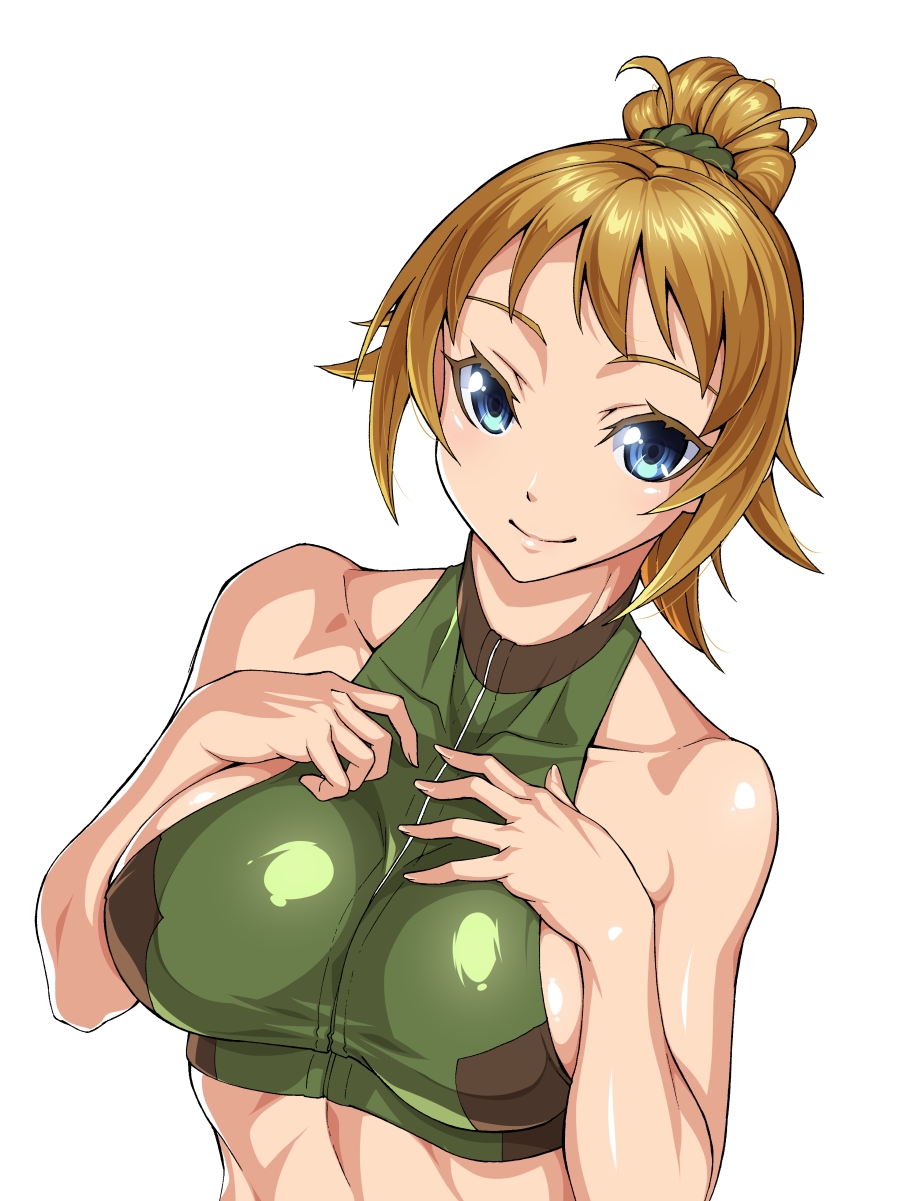 1girl bare_arms bare_shoulders blue_eyes breasts brown_hair closed_mouth collarbone crop_top dutch_angle eyelashes from_above gundam gundam_build_fighters gundam_build_fighters_try hair_ornament hair_scrunchie hands_on_own_chest highres hoshino_fumina large_breasts looking_at_viewer looking_up ozaneko ponytail scrunchie shiny shiny_hair sideboob simple_background sleeveless smile solo upper_body white_background