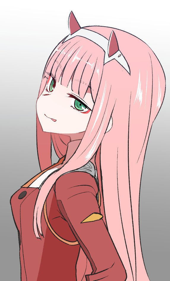 1girl :p bangs commentary_request darling_in_the_franxx eyebrows_visible_through_hair eyeshadow from_side gradient gradient_background green_eyes grey_background hairband horns jacket long_hair long_sleeves looking_at_viewer makeup pink_hair red_jacket smile solo sumiyao_(amam) tongue tongue_out upper_body zero_two_(darling_in_the_franxx)