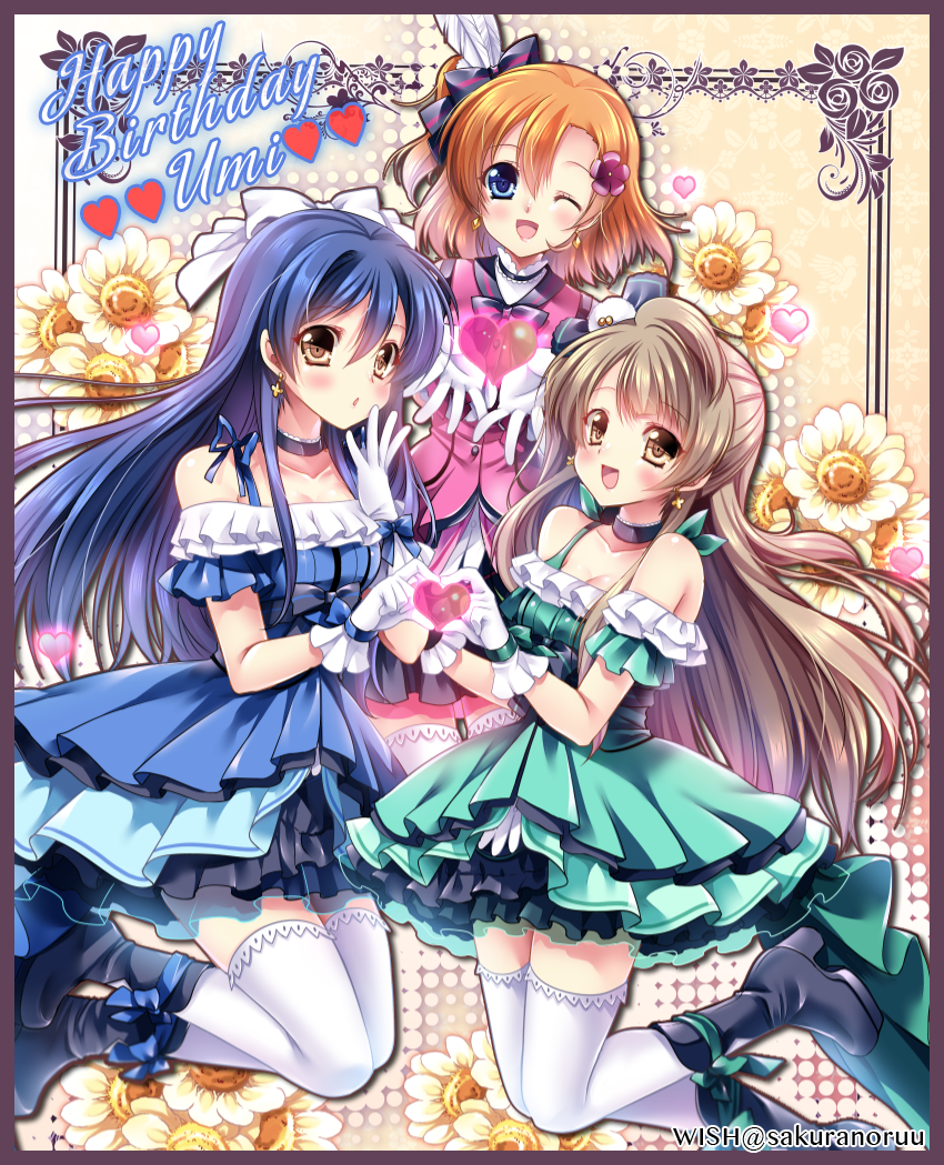 3girls bangs bare_shoulders birthday blue_eyes blue_hair blush bow character_name choker commentary_request dress earrings eyebrows_visible_through_hair flower gloves grey_hair hair_between_eyes hair_bow hair_ornament happy_birthday heart heart_hands heart_hands_duo jewelry kira-kira_sensation! kousaka_honoka long_hair looking_at_viewer love_live! love_live!_school_idol_project minami_kotori multiple_girls one_eye_closed one_side_up open_mouth orange_hair sakurano_tsuyu short_hair smile sonoda_umi thigh-highs white_gloves white_legwear yellow_eyes