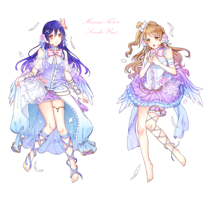 2girls angel_wings bangs bare_shoulders barefoot blue_hair butterfly_hair_ornament commentary_request dress eyebrows_visible_through_hair feathered_wings feathers flower full_body grey_hair hair_between_eyes hair_flower hair_ornament long_hair looking_at_viewer love_live! love_live!_school_idol_festival love_live!_school_idol_project microphone minami_kotori multiple_girls one_side_up open_mouth ribbon shina_(sbk951121) simple_background skirt_hold sonoda_umi white_background white_wings wings x_hair_ornament yellow_eyes