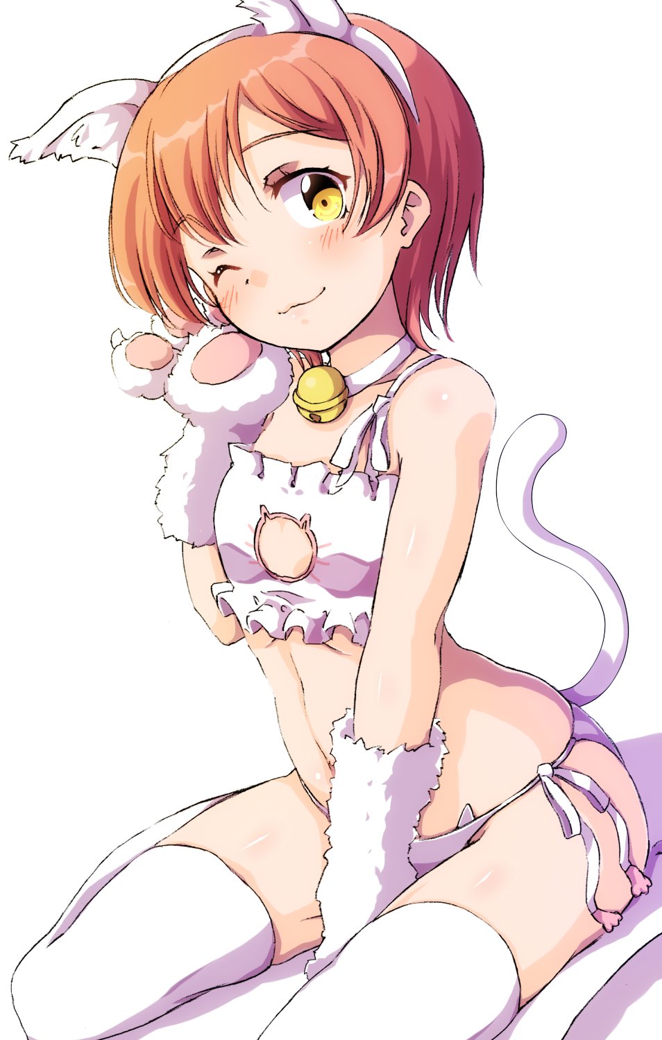 1girl :3 animal_ears bell bell_choker between_legs blush bra cat_cutout cat_day cat_ears cat_lingerie cat_tail choker cleavage_cutout commentary_request frilled_bra frills gloves hairband hand_between_legs highres hoshizora_rin jingle_bell looking_at_viewer love_live! love_live!_school_idol_project meme_attire midriff one_eye_closed orange_hair panties paw_gloves paws sen_(sen0910) short_hair side-tie_panties sitting solo tail thigh-highs underwear white_background white_bra white_choker white_legwear white_panties yellow_eyes