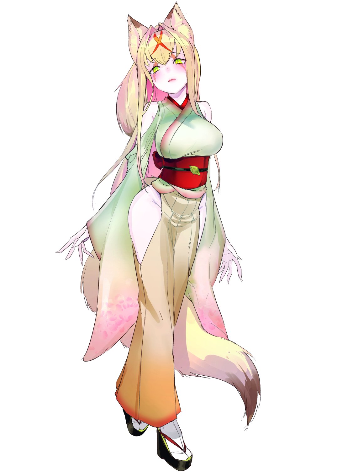 1girl animal_ears blonde_hair blush breasts closed_mouth commentary_request eyebrows_visible_through_hair fox_ears fox_tail full_body green_eyes highres japanese_clothes kimono large_breasts long_hair long_sleeves looking_at_viewer obi original platform_footwear sandals sash shoulder_cutout simple_background solo soropippub standing tabi tail white_background white_legwear wide_sleeves