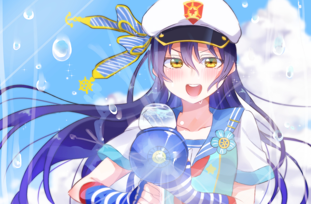 1girl bangs blue_gloves blue_hair chocore commentary_request eyebrows_visible_through_hair fingerless_gloves gloves gun hair_between_eyes hat long_hair looking_at_viewer love_live! love_live!_school_idol_festival love_live!_school_idol_project open_mouth sailor_collar short_sleeves smile solo sonoda_umi striped striped_gloves toy_gun upper_body water water_gun weapon yellow_eyes