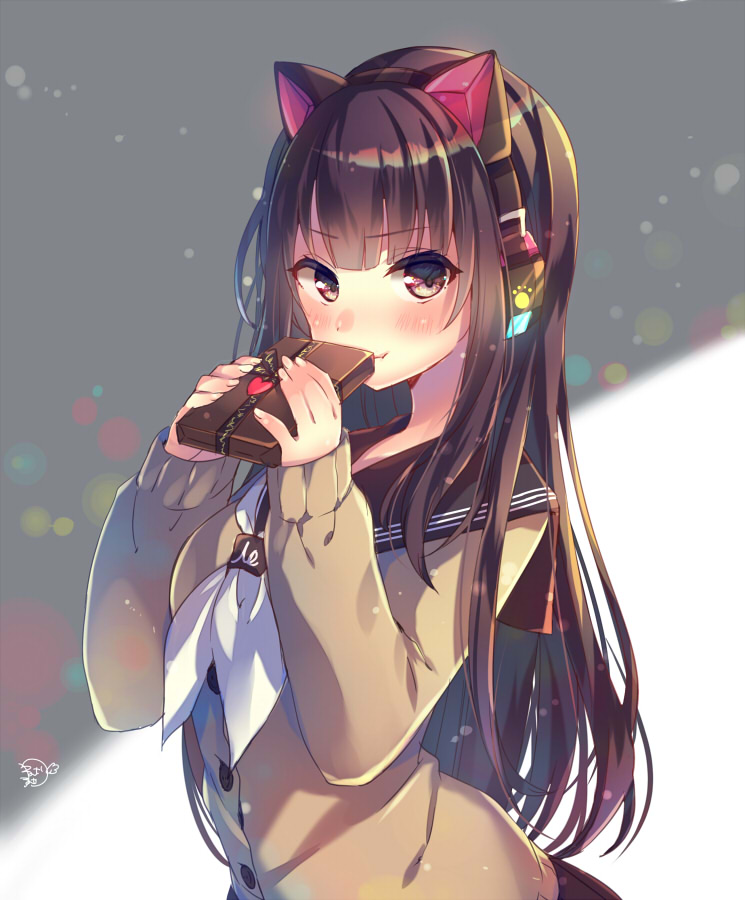 1girl :t animal_ears bangs black_sailor_collar blush box breasts brown_cardigan brown_eyes brown_hair cat_ear_headphones cat_ears closed_mouth commentary_request eyebrows_visible_through_hair fingernails gift gift_box hands_up headphones holding holding_gift long_hair long_sleeves looking_at_viewer medium_breasts neckerchief nemuri_nemu original pout sailor_collar school_uniform serafuku sleeves_past_wrists solo valentine very_long_hair white_neckwear