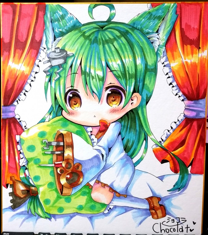 1girl :&lt; ahoge akashi_(azur_lane) animal_ears artist_name azur_lane bangs black_bow blush bow brown_eyes cat_ears chocolat_(momoiro_piano) commentary_request curtains dress eyebrows_visible_through_hair frilled_curtains frills green_hair hair_between_eyes hair_bow hair_ornament long_hair long_sleeves marker_(medium) parted_lips shikishi sidelocks signature sleeves_past_fingers sleeves_past_wrists solo traditional_media triangle_mouth very_long_hair white_dress wide_sleeves
