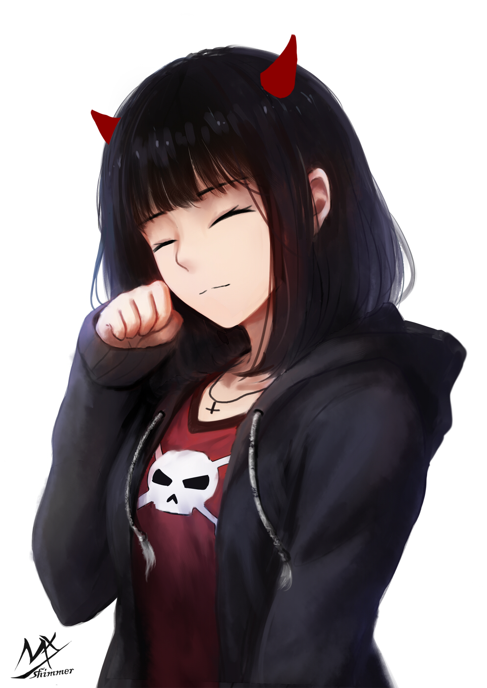 1girl ^_^ artist_name bangs black_hair blunt_bangs closed_eyes closed_mouth cross cross_necklace drawstring facing_viewer highres hood hood_down hooded_jacket horns jacket jewelry long_hair long_sleeves necklace open_clothes open_jacket original paw_pose pendant print_shirt red_shirt shimmer shirt signature simple_background skull_print smile solo upper_body v-neck white_background