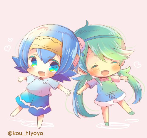 2girls :d ^_^ ahoge blue_eyes blue_hair blue_shorts blush chibi closed_eyes green_footwear green_hair hairband heart kouu_hiyoyo long_hair low_twintails lowres mallow_(pokemon) multiple_girls open_mouth outstretched_arms overall_skirt pokemon pokemon_(game) pokemon_sm sandals shirt short_shorts short_sleeves shorts smile spread_arms standing standing_on_one_leg suiren_(pokemon) twintails twitter_username very_long_hair white_shirt