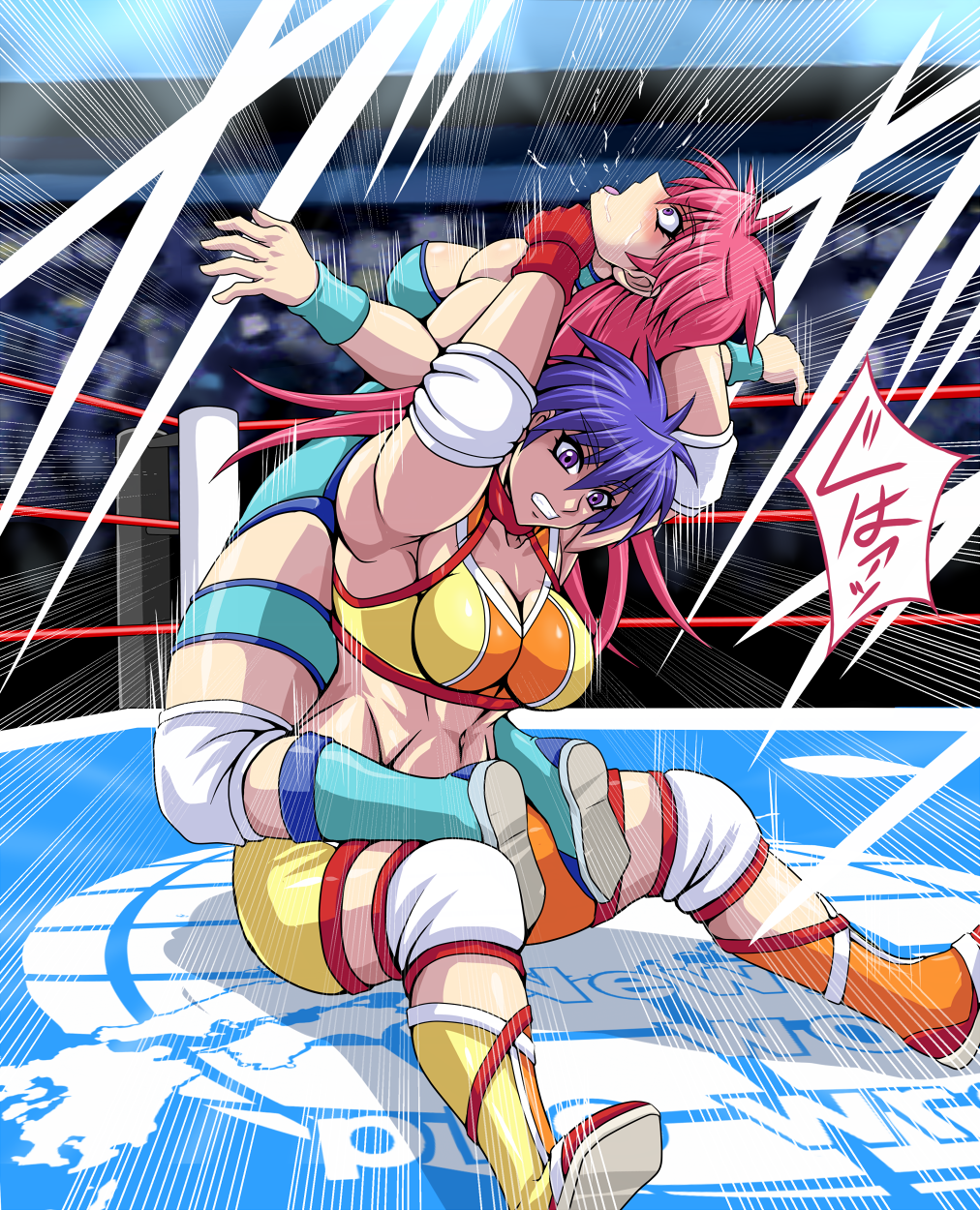 2girls asphyxiation blue_eyes blue_hair blue_leotard bomber_kishima boots breasts cleavage highres knee_pads large_breasts leotard long_hair medium_breasts mighty_yukiko multiple_girls muscle muscular_female open_mouth pink_hair short_hair sweat taroimo_(00120014) violet_eyes wrestle_angels wrestle_angels_survivor wrestling wrestling_outfit wrestling_ring wristband