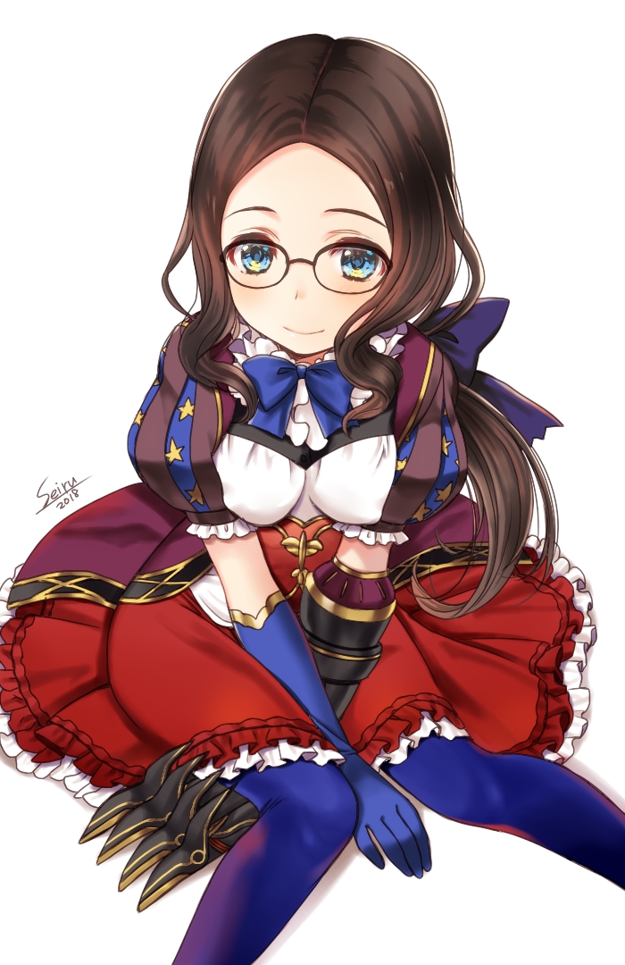 1girl bangs black-framed_eyewear blue_bow blue_eyes blue_gloves blue_legwear blush bow brown_hair dress fate/grand_order fate_(series) gloves hijiri_ruka leonardo_da_vinci_(fate/grand_order) long_hair looking_at_viewer parted_bangs puffy_short_sleeves puffy_sleeves red_dress short_sleeves single_glove sitting smile white_background younger