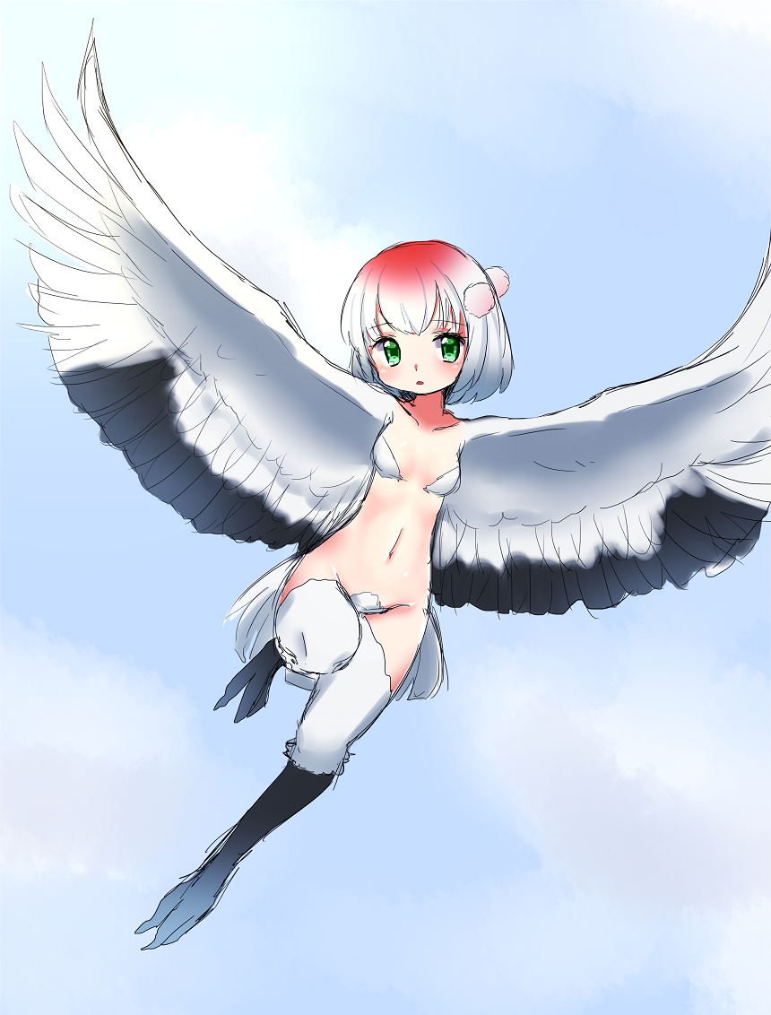 1girl blue_sky breasts claws clouds cloudy_sky day eyebrows_visible_through_hair flying flying_sweatdrops green_eyes harpy kamaboko_(mato225) looking_at_viewer monster_girl multicolored_hair navel original outdoors redhead short_hair sketch sky small_breasts solo spread_wings