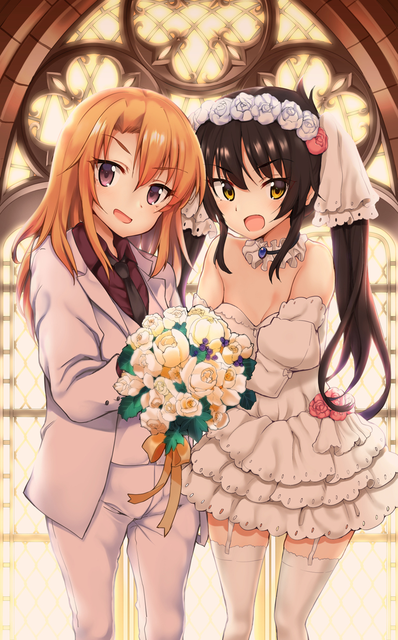 2girls :d bangs bare_shoulders black_hair black_neckwear bouquet breasts brown_eyes brown_hair brown_shirt cleavage collar collared_shirt commentary_request dress eyebrows_visible_through_hair flower formal frilled_collar frills hair_between_eyes hair_flower hair_ornament head_tilt highres holding holding_bouquet idolmaster idolmaster_cinderella_girls indoors jacket juliet_sleeves kazuchi long_hair long_sleeves looking_at_viewer matoba_risa medium_breasts multiple_girls necktie open_mouth pant_suit pants puffy_sleeves rose shirt smile strapless strapless_dress suit thigh-highs twintails v-shaped_eyebrows very_long_hair vest white_dress white_flower white_jacket white_legwear white_pants white_rose white_vest window yellow_eyes yuri yuuki_haru