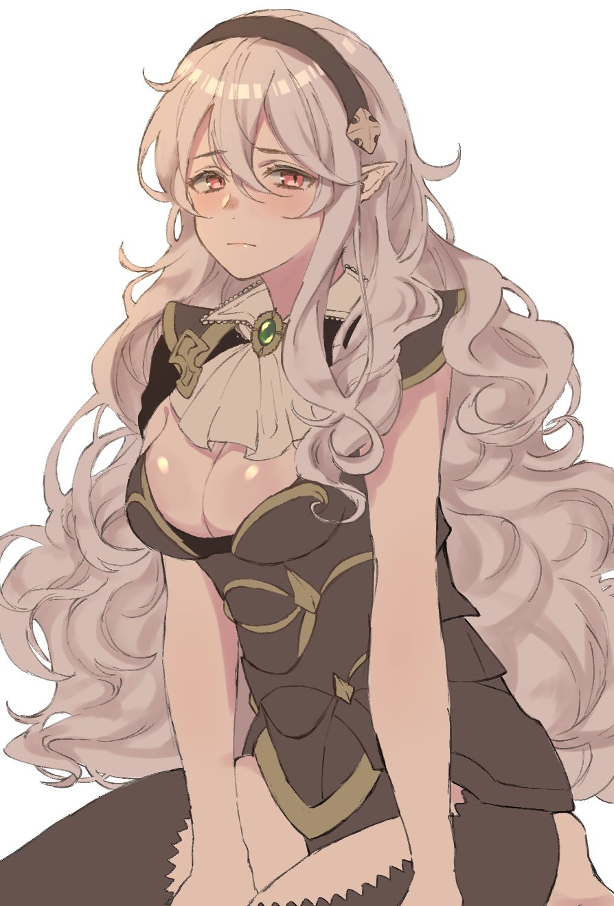 1girl aomeeso armor black_armor black_legwear blush breasts cleavage female_my_unit_(fire_emblem_if) fire_emblem fire_emblem_if hair_ornament highres long_hair my_unit_(fire_emblem_if) pointy_ears red_eyes silver_hair simple_background solo tiara very_long_hair white_background