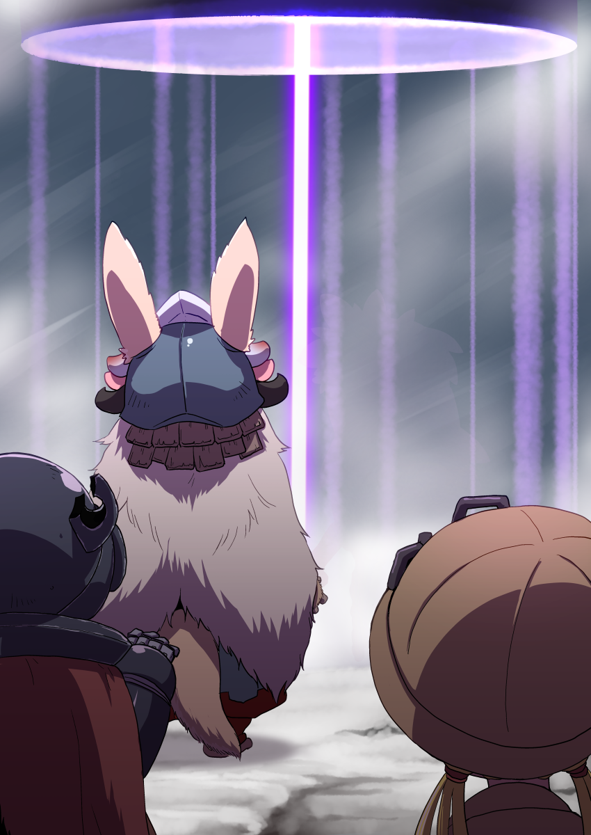 1boy 2girls animal_ears facing_away helmet highres made_in_abyss mechanical_arm multiple_girls nanachi_(made_in_abyss) regu_(made_in_abyss) riko_(made_in_abyss) tail uchuu_ika