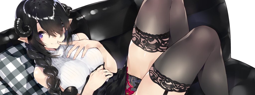 1girl bare_arms bare_shoulders black_hair braid closed_mouth commentary_request copyright_request couch curled_horns feet_out_of_frame finger_to_mouth garter_belt grey_legwear hair_over_one_eye horns index_finger_raised kou_mashiro long_hair looking_at_viewer panties pointy_ears ribbed_sweater simple_background sitting smile solo sweater sweater_vest thigh-highs underwear violet_eyes white_background white_sweater