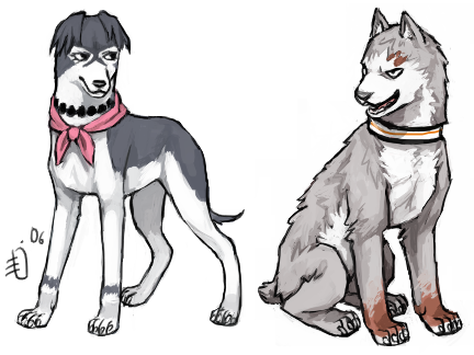 animalization bleach collar dog emlan full_body lowres muguruma_kensei neckerchief signature simple_background sitting standing white_background yadoumaru_lisa