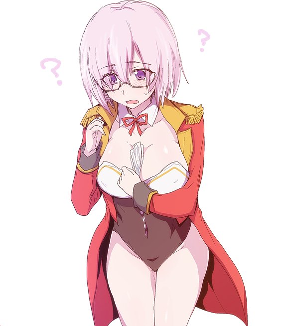 1girl ? between_breasts commentary_request epaulettes fate/grand_order fate_(series) higata_akatsuki jacket leotard mash_kyrielight open_clothes open_jacket open_mouth pink_hair red_jacket short_hair simple_background solo sweatdrop violet_eyes white_background