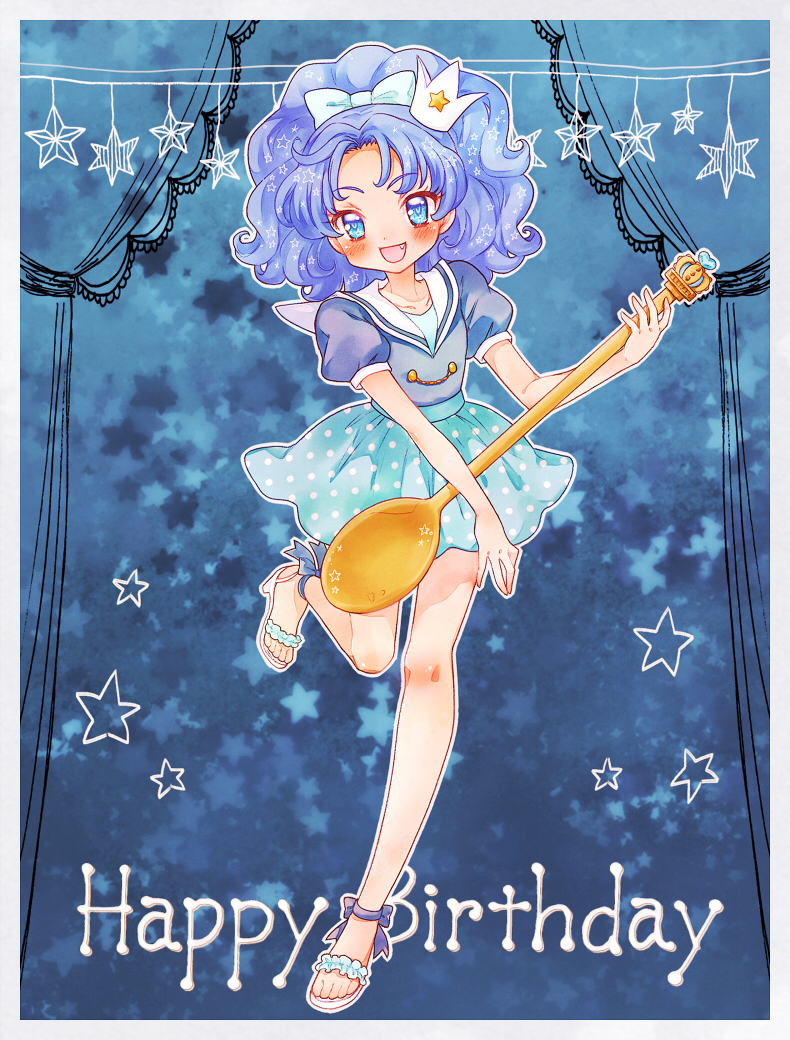 1girl :d anklet bare_legs blue blue_background blue_bow blue_eyes blue_hair blue_shirt blue_skirt blush bow crown full_body hair_bow happy_birthday jewelry kirakira_precure_a_la_mode looking_at_viewer mini_crown nene_(oneoneo13) open_mouth polka_dot_skirt precure sailor_collar sandals shirt short_hair skirt smile solo spoon star star_in_eye starry_background symbol_in_eye tategami_aoi white_sailor_collar