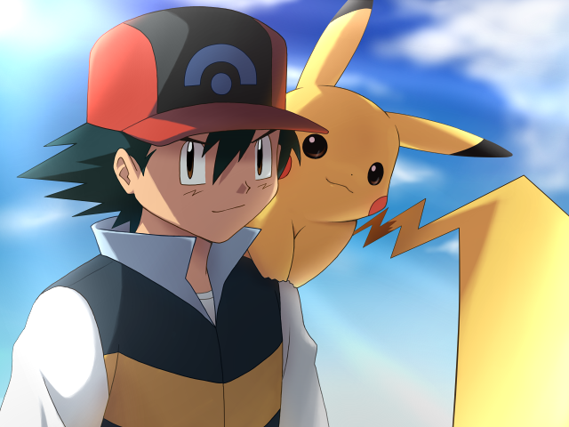 1boy baseball_cap black_hair hat imuta_(vaporization) official_style pikachu pokemon pokemon_(anime) pokemon_(creature) satoshi_(pokemon)