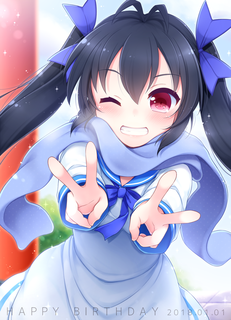 1girl 2018 antenna_hair black_hair blue_bow blue_scarf blurry blush bow chunithm day depth_of_field double_v dress english eyebrows_visible_through_hair grin hair_between_eyes hair_bow hakobe_naru happy_birthday lens_flare long_hair long_sleeves looking_at_viewer number one_eye_closed outdoors outstretched_arms red_eyes sailor_dress sanotsuki scarf smile solo sparkle twintails v