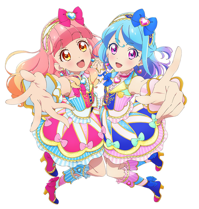 2girls aikatsu! aikatsu_friends! aqua_bow blue_bow blue_dress blue_footwear blue_hair bow choker curly_hair dress earrings eyebrows_visible_through_hair hand_holding heart high_heels idol_clothes interlocked_fingers jewelry long_hair looking_at_viewer minato_mio multicolored_hair multiple_girls official_art open_mouth orange_hair outstretched_hand pink_bow pink_dress pink_footwear pink_hair pointing pointing_at_viewer purple_hair short_eyebrows smile violet_eyes white_background wrist_cuffs yellow_eyes yuuki_aine