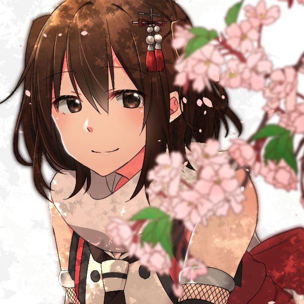 1girl bare_shoulders black_neckwear blurry blurry_foreground blush brown_eyes brown_hair cherry_blossoms closed_mouth depth_of_field elbow_gloves eyebrows_visible_through_hair gloves hair_between_eyes hair_ornament kantai_collection looking_at_viewer neckerchief obi rinto_(rint_rnt) sash scarf sendai_(kantai_collection) smile solo tassel