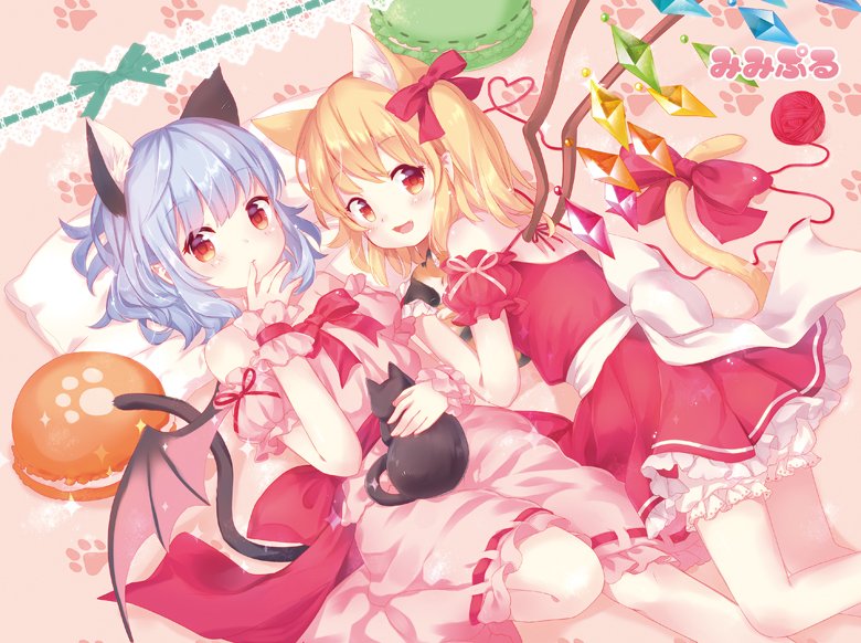 2girls adapted_costume all_fours animal_ears artist_name bare_shoulders bat_wings bent_knees black_cat blonde_hair bloomers bow bowtie cat cat_day cat_ears cat_tail commentary_request crystal detached_sleeves dress feet_out_of_frame finger_to_mouth flandre_scarlet hair_ribbon heart heart_of_string lavender_hair looking_at_viewer lying medium_hair mimi_(mimi_puru) multiple_girls no_hat no_headwear open_mouth paw_print pillow pink_dress puffy_sleeves red_bow red_dress red_eyes red_ribbon remilia_scarlet ribbon ribbon-trimmed_dress sash side_ponytail strapless strapless_dress tail tail_ribbon touhou underwear wings wrist_cuffs yarn yarn_ball