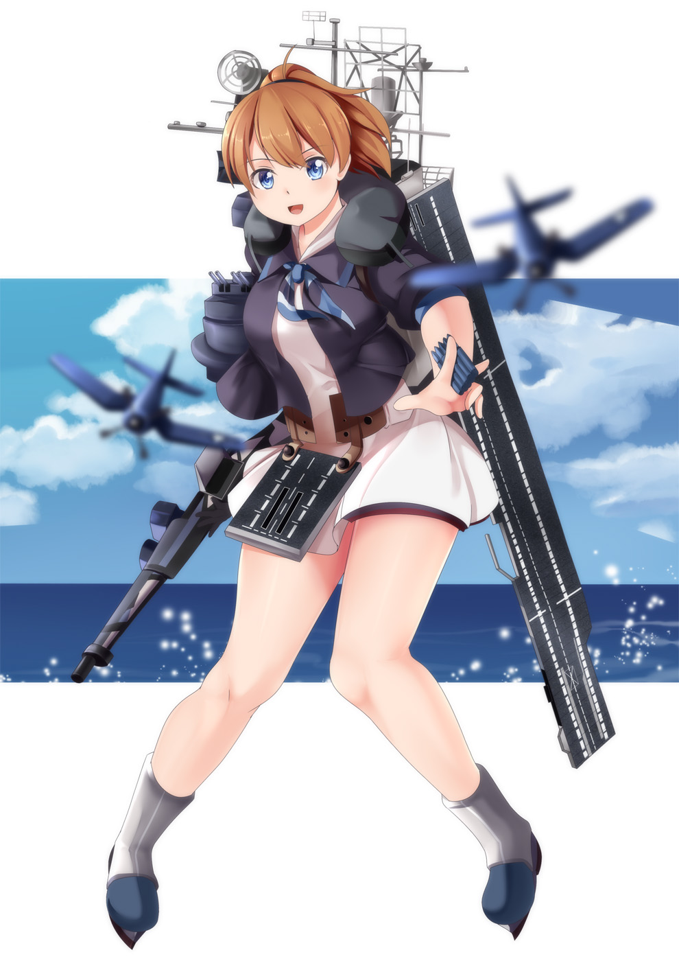 1girl :d ahoge aircraft airplane bangs bare_legs between_fingers black_jacket black_neckwear black_ribbon blue_eyes blue_sky blush boots day dress eyebrows_visible_through_hair f4u_corsair flight_deck grey_footwear highres holding horizon intrepid_(kantai_collection) jacket kantai_collection knee_boots light_particles looking_at_viewer machinery motion_blur neck_ribbon ocean open_clothes open_jacket open_mouth outdoors outside_border ponytail ribbon rigging short_hair short_ponytail sky sleeves_past_elbows smile solo tareme water white_dress yasume_yukito