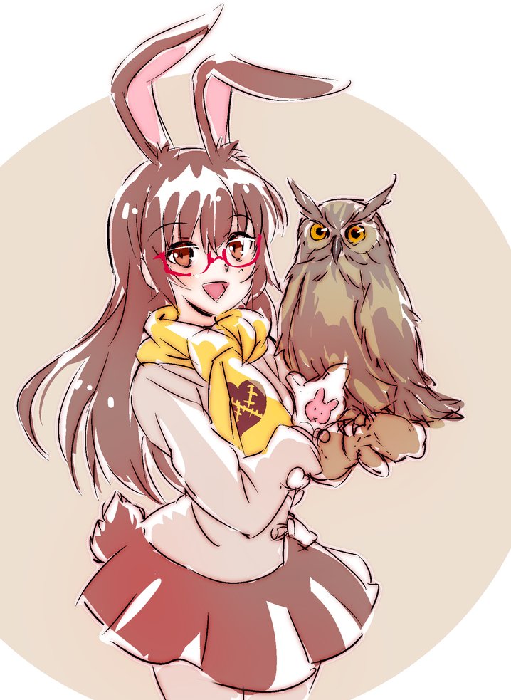 1girl animal_ears bird bunny_tail check_commentary commentary_request glasses iesupa jacket mittens owl rabbit_ears rwby scarf seiyuu_connection tail velvet_scarlatina