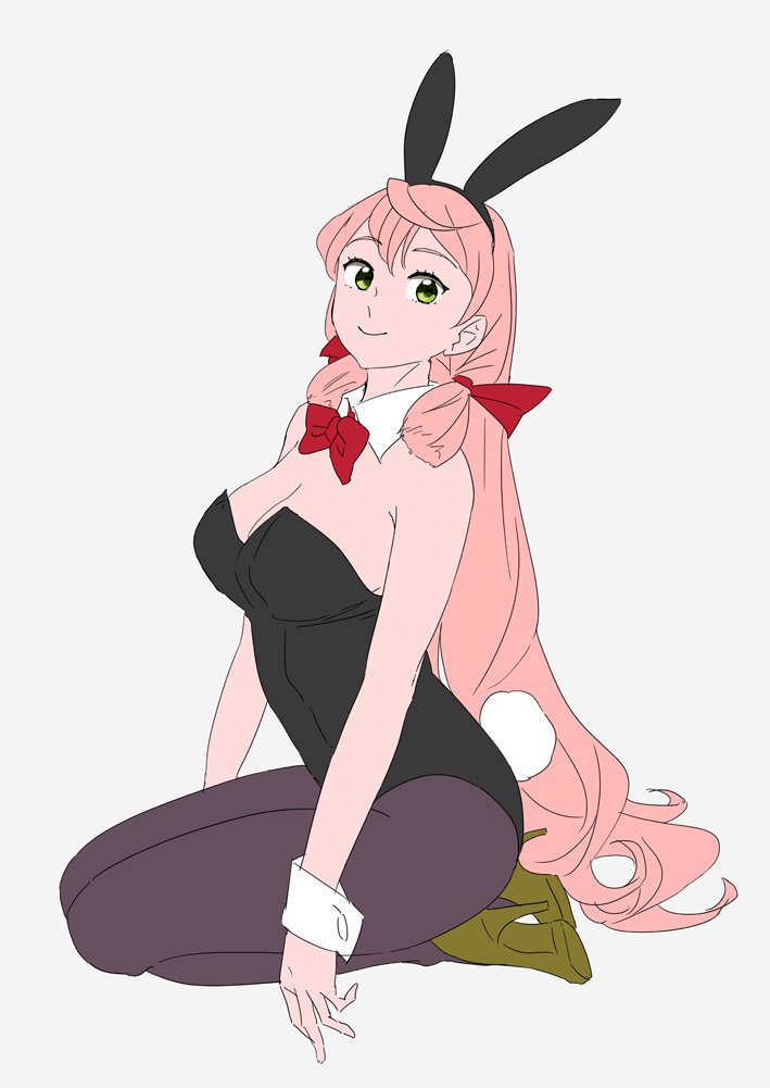 1girl akashi_(kantai_collection) alternate_costume animal_ears black_leotard bow bowtie breasts brown_footwear bunny_tail bunnysuit detached_collar green_eyes grey_background hair_ribbon high_heels kantai_collection leotard long_hair long_sleeves looking_at_viewer medium_breasts ojipon pantyhose pink_hair rabbit_ears red_neckwear ribbon simple_background solo strapless strapless_leotard tail tress_ribbon wrist_cuffs