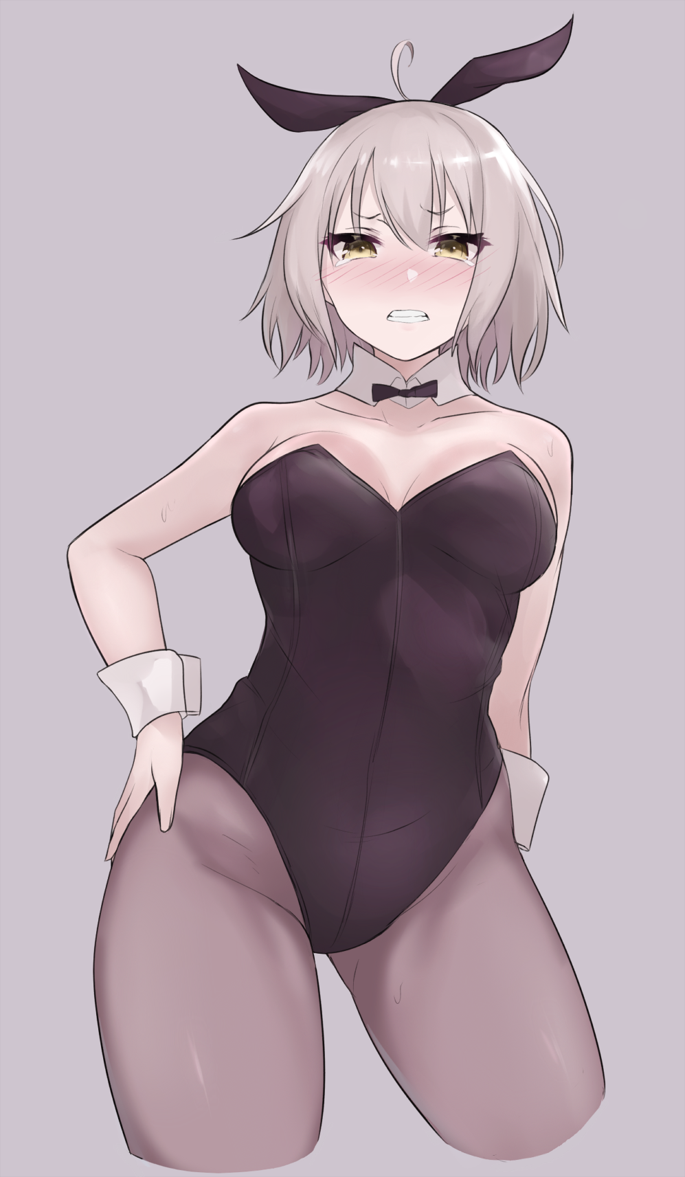 1girl ahoge alternate_costume bangs bare_shoulders black_leotard black_ribbon blush breasts clenched_teeth collarbone contrapposto cowboy_shot cropped_legs detached_collar embarrassed fate/apocrypha fate_(series) from_below full-face_blush grey_background grey_legwear hair_ribbon hand_on_hip highres ichijou_(kr_neru0) jeanne_d'arc_(alter)_(fate) jeanne_d'arc_(fate)_(all) legs_apart leotard looking_down medium_breasts open_mouth pantyhose ribbon silver_hair solo standing strapless strapless_leotard tearing_up tears teeth wrist_cuffs yellow_background