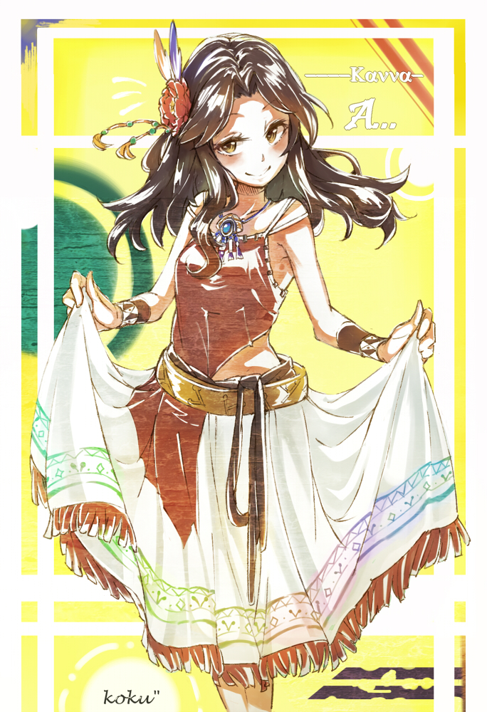 1girl ariura_kanna belt brown_eyes brown_hair camisole commentary_request cropped_legs curtsey feathers flower fringe hair_feathers hair_flower hair_ornament idolmaster idolmaster_cinderella_girls jewelry kokku-san long_hair long_skirt looking_at_viewer necklace pendant skirt skirt_hold smile solo wristband