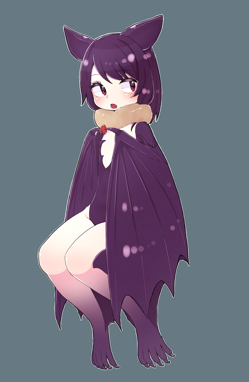 1girl bat_ears bat_girl bat_wings blue_background blush claws eyebrows_visible_through_hair fang flat_chest food fruit full_body fur_collar fur_trim harpy highres invisible_chair kamaboko_(mato225) leotard looking_at_viewer monster_girl original parted_lips purple_hair purple_leotard red_eyes simple_background sitting solo strawberry wings