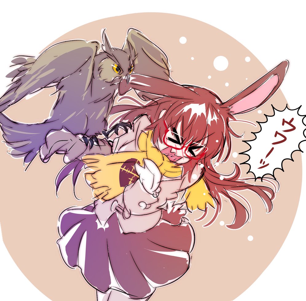 1girl animal_ears bird biting bunny_tail closed_eyes glasses iesupa jacket mittens owl rabbit_ears rwby scarf seiyuu_connection tail translation_request velvet_scarlatina