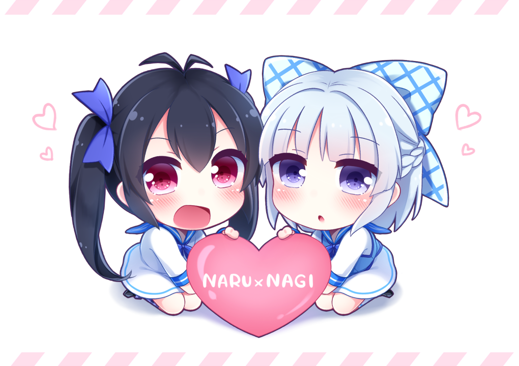 2girls :d antenna_hair black_footwear black_hair blue_bow blue_hair blue_ribbon blush bow character_name chibi chunithm dress eyebrows_visible_through_hair hair_between_eyes hair_bow hair_ribbon hakobe_naru half_updo heart kneehighs kobotoke_nagi long_hair long_sleeves looking_at_viewer multiple_girls open_mouth parted_lips red_eyes ribbon sailor_dress sanotsuki seiza sitting smile twintails v-shaped_eyebrows very_long_hair violet_eyes white_background white_dress