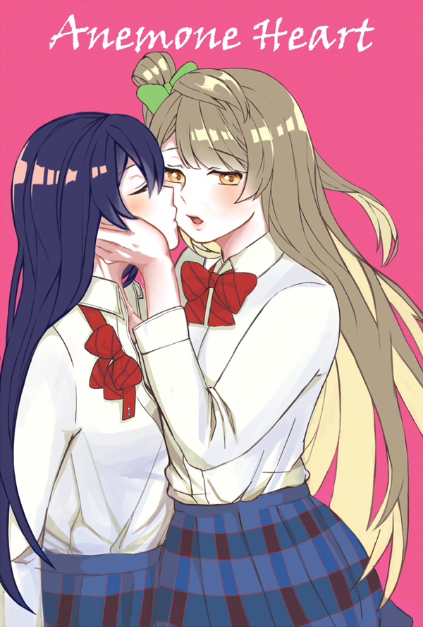 2girls artist_request bangs blue_hair blush bow bowtie closed_eyes commentary_request dress_shirt eyebrows_visible_through_hair grey_hair hair_between_eyes hand_on_another's_face imminent_kiss long_hair long_sleeves looking_at_viewer love_live! love_live!_school_idol_project minami_kotori multiple_girls one_side_up otonokizaka_school_uniform pleated_skirt red_neckwear school_uniform shirt simple_background skirt sonoda_umi striped_neckwear text white_shirt yellow_eyes