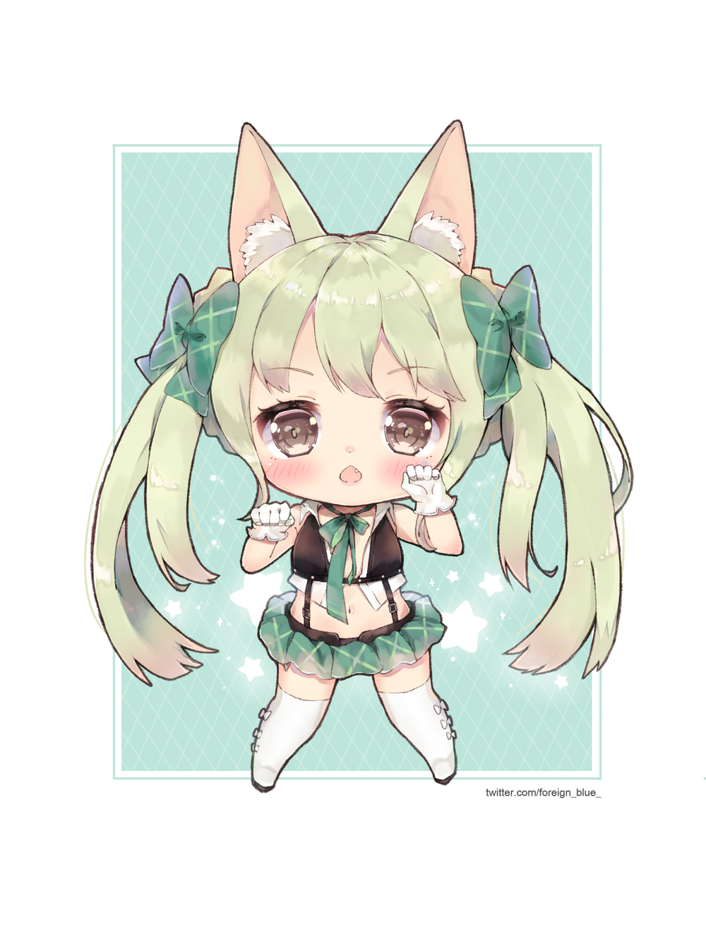 1girl animal_ears art556_(girls_frontline) bangs blush boots bow brown_hair chestnut_mouth chibi commentary_request eyebrows_visible_through_hair fang foreign_blue full_body girls_frontline gloves green_bow green_hair green_skirt hair_bow highres korean_commentary long_hair looking_at_viewer miniskirt navel open_mouth plaid plaid_skirt pleated_skirt sidelocks skirt solo standing thigh-highs thigh_boots twintails very_long_hair watermark web_address white_footwear white_gloves white_legwear