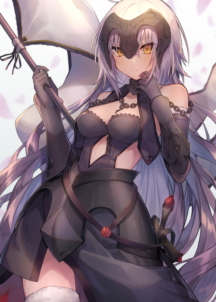 .com_(cu_105) 1girl ahoge arm_guards armor bangs banner bare_shoulders between_breasts black_dress black_gloves blush breasts chains closed_mouth collar dress elf eyebrows_visible_through_hair fate/apocrypha fate_(series) faulds fur-trimmed_gloves fur_trim gloves hand_on_own_face hand_up holding jeanne_d'arc_(alter)_(fate) jeanne_d'arc_(fate)_(all) lace lace-trimmed_dress light_smile long_hair medium_breasts petals pointy_ears silver_hair simple_background solo sword very_long_hair weapon white_background yellow_eyes