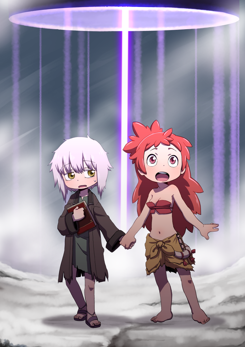 2girls book coat hand_holding highres long_hair made_in_abyss mitty_(made_in_abyss) multiple_girls nanachi_(made_in_abyss) red_eyes redhead sandals short_hair skirt torn_clothes uchuu_ika white_hair yellow_eyes