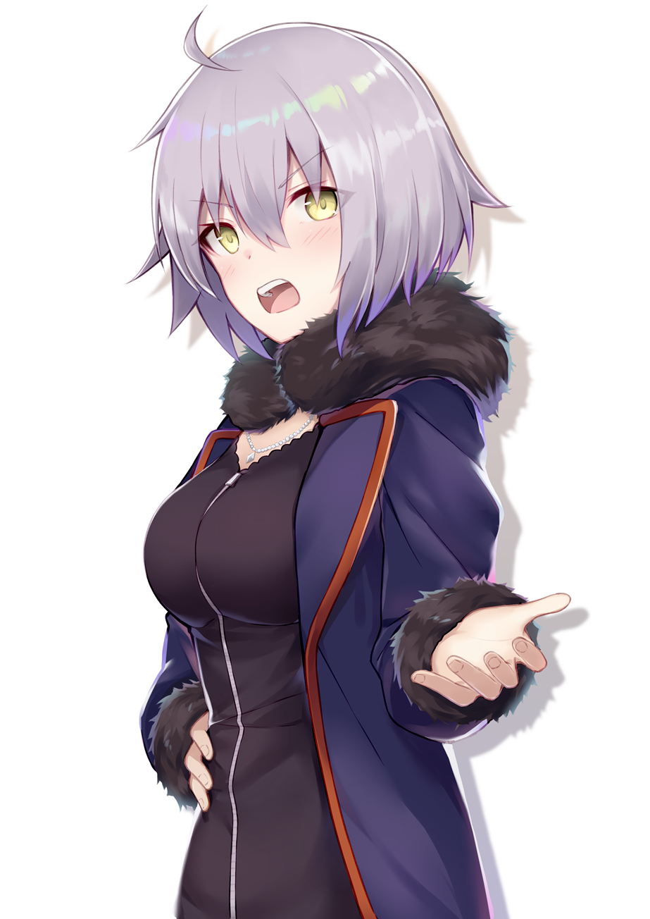 1girl ahoge bangs black_dress blue_jacket blush breasts dress eyebrows_visible_through_hair fate/apocrypha fate/grand_order fate_(series) fingernails fur-trimmed_sleeves fur_collar fur_trim green_eyes hair_between_eyes highres jacket jeanne_d'arc_(alter)_(fate) jeanne_d'arc_(fate)_(all) jewelry looking_at_viewer looking_to_the_side medium_breasts open_clothes open_jacket pendant short_hair silver_hair solo v-shaped_eyebrows white_background wicked_dragon_witch_ver._shinjuku_1999 yukarite