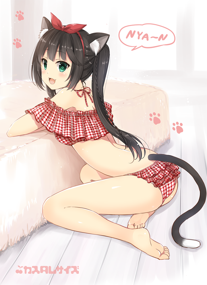 1girl :d animal_ears aqua_eyes ass bangs barefoot black_hair blunt_bangs blush breasts cat_ears cat_tail cleavage commentary_request eyebrows_visible_through_hair frilled_panties frills indoors long_hair looking_at_viewer looking_back nyan open_mouth original panties paw_print plaid plaid_panties sakurai_makoto_(custom_size) sitting smile solo speech_bubble tail twintails underwear