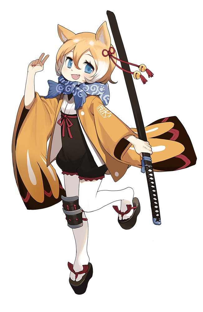 1girl :d animal_ears blonde_hair blue_eyes commentary_request dog_ears fang full_body hair_between_eyes holding holding_weapon jong_tu katana knee_pads looking_at_viewer multicolored_hair open_mouth original pantyhose platform_footwear scarf sheath sheathed short_hair simple_background smile solo sword two-tone_hair v weapon white_background white_hair white_legwear wide_sleeves