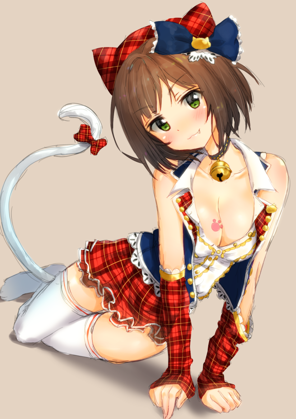 1girl :3 arm_support bare_shoulders bell bell_collar blush bow breasts brown_hair cat_tail cleavage collar detached_sleeves eyebrows_visible_through_hair fang full_body green_eyes hair_bow hat highres idolmaster idolmaster_cinderella_girls jacket kuria_(clear_trip_second) looking_at_viewer maekawa_miku medium_breasts open_clothes open_jacket paw_print plaid plaid_bow plaid_hat plaid_skirt short_hair simple_background sitting skirt sleeveless_jacket sleeves_past_wrists smile solo tail tail_bow thigh-highs white_legwear yokozuwari
