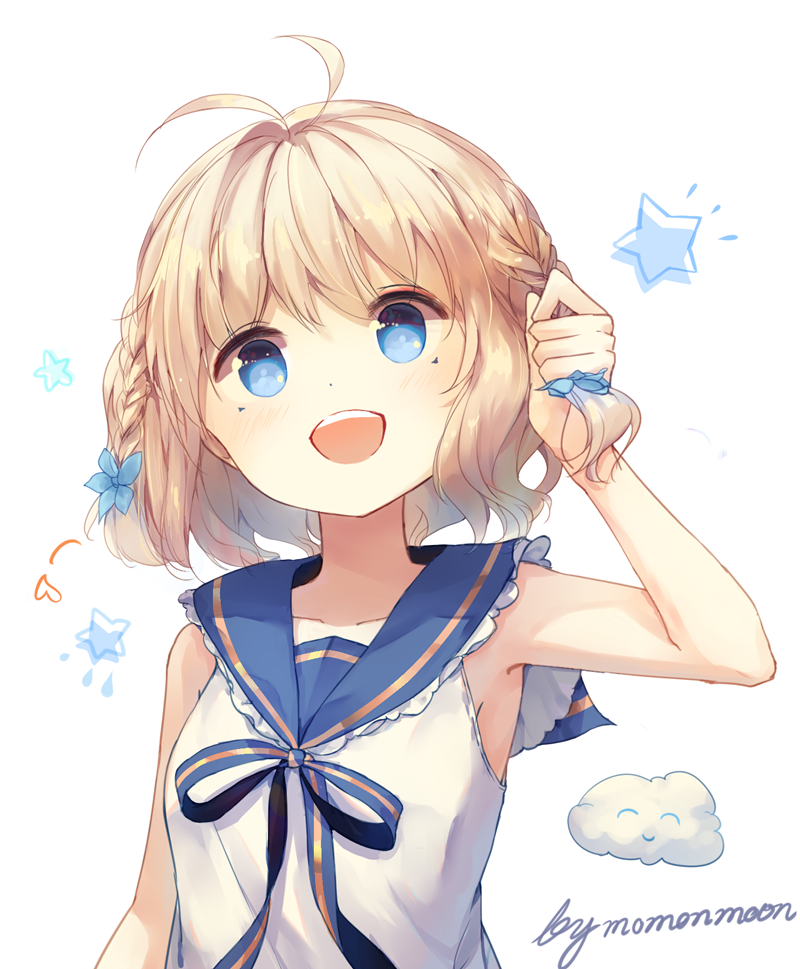 1girl :d antenna_hair arm_up armpits artist_name bangs bare_arms blonde_hair blue_eyes blue_ribbon blue_sailor_collar blush braid collarbone flower hair_flower hair_ornament heart looking_at_viewer open_mouth original ribbon sailor_collar shiny shiny_hair shirt short_hair simple_background sleeveless sleeveless_shirt smile smiley_face solo star tareme twin_braids upper_body upper_teeth white_background white_shirt yue_yue