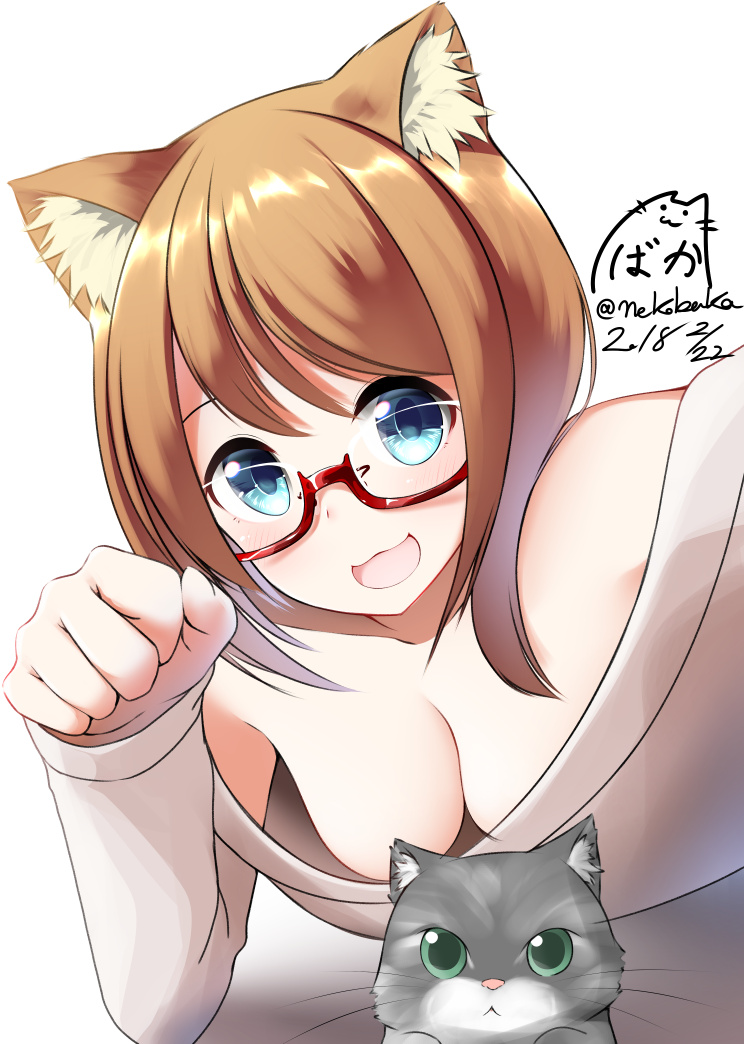 1girl animal_ears armpit_peek bangs bare_shoulders blue_eyes blush breasts brown_hair cat cat_ears cleavage commentary_request glasses hair_between_eyes long_sleeves looking_at_viewer nekobaka open_mouth original pink_shirt shirt short_hair twitter_username white_background