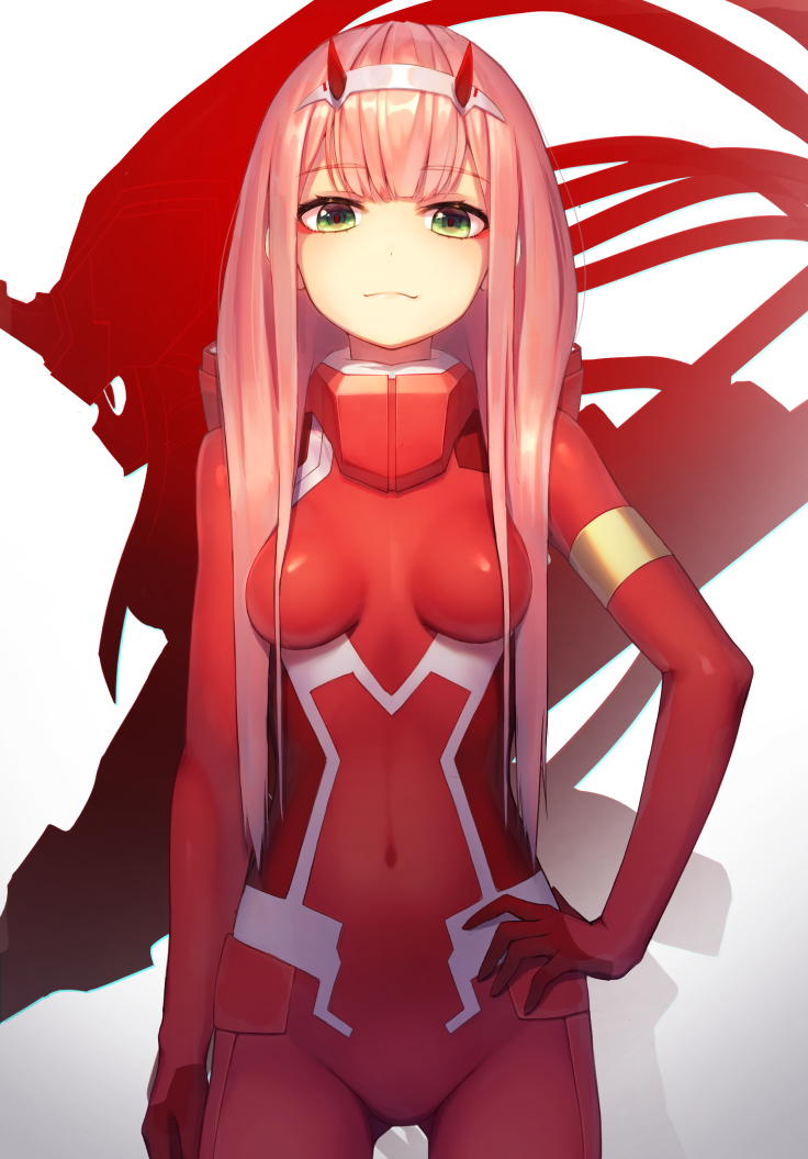1girl arm_at_side arm_strap bangs blunt_bangs bodysuit breasts breasts_apart covered_navel cowboy_shot darling_in_the_franxx eyebrows_visible_through_hair eyeshadow green_eyes hand_on_hip horns long_hair looking_at_viewer makeup medium_breasts munuu pilot_suit pink_hair red_bodysuit shiny shiny_hair simple_background skinny solo standing straight_hair strelizia very_long_hair white_background zero_two_(darling_in_the_franxx)